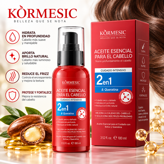 Aceite Capilar 2 en 1 con Keratina Kormesic 100 ml para Cabello Dañado, Seco y Sin Brillo